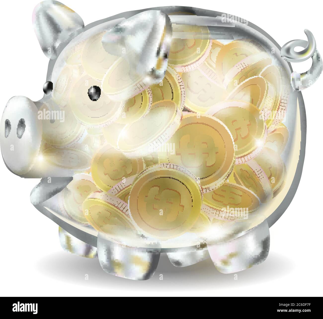Vetro 3D realistico in vettoriale su sfondo bianco. Monete, risparmio, banca, denaro finanziario denaro oro dollaro, l'anno del maiale, ricchezza Illustrazione Vettoriale