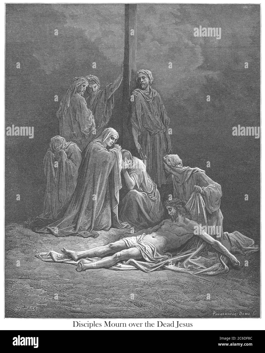I discepoli piangono sopra il Gesù morto [Matteo 27:59] dal libro 'la Galleria della Bibbia' illustrato da Gustave Dore con memorie di Dore e Letter-press descrittivo di Talbot W. Chambers D.D. Pubblicato da Cassell & Company Limited a Londra e contemporaneamente da Mame a Tours, Francia nel 1866 Foto Stock