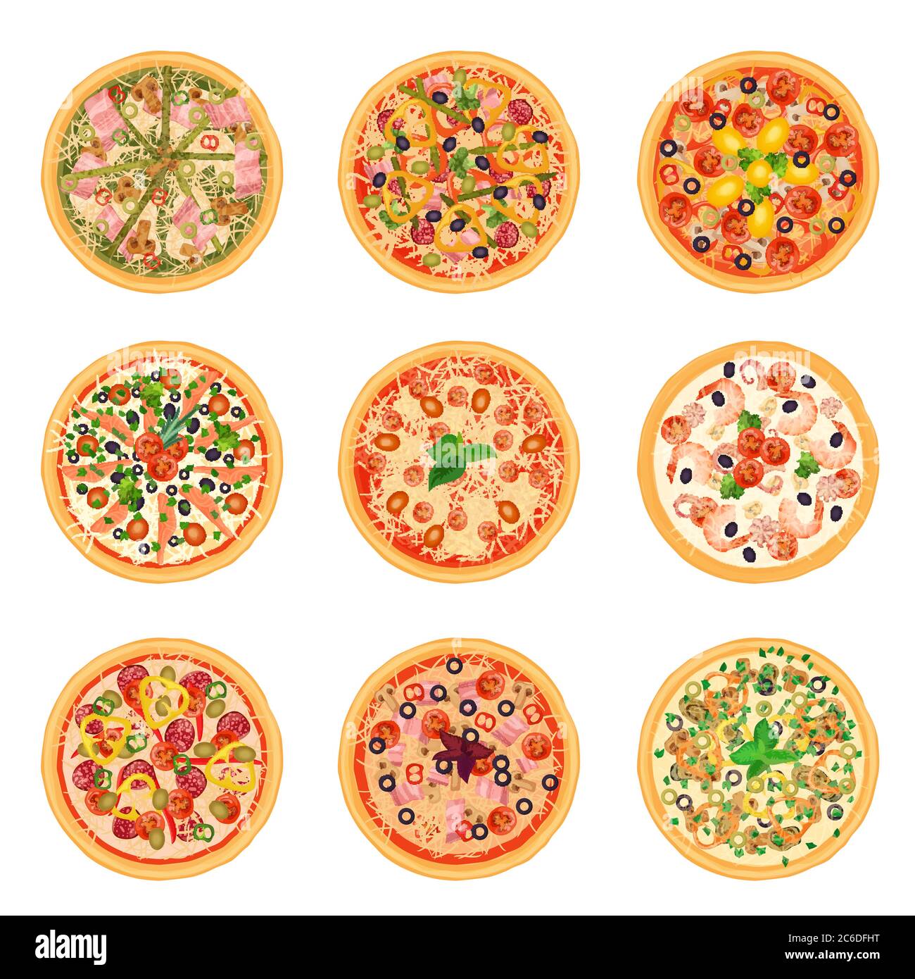 Diverse icone di cibo per pizza insieme raccolta isolata. Illustrazione Vettoriale