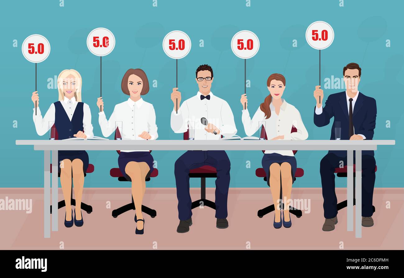 Gruppo di giudici della concorrenza professionisti che tengono tablet con stime Illustrazione Vettoriale