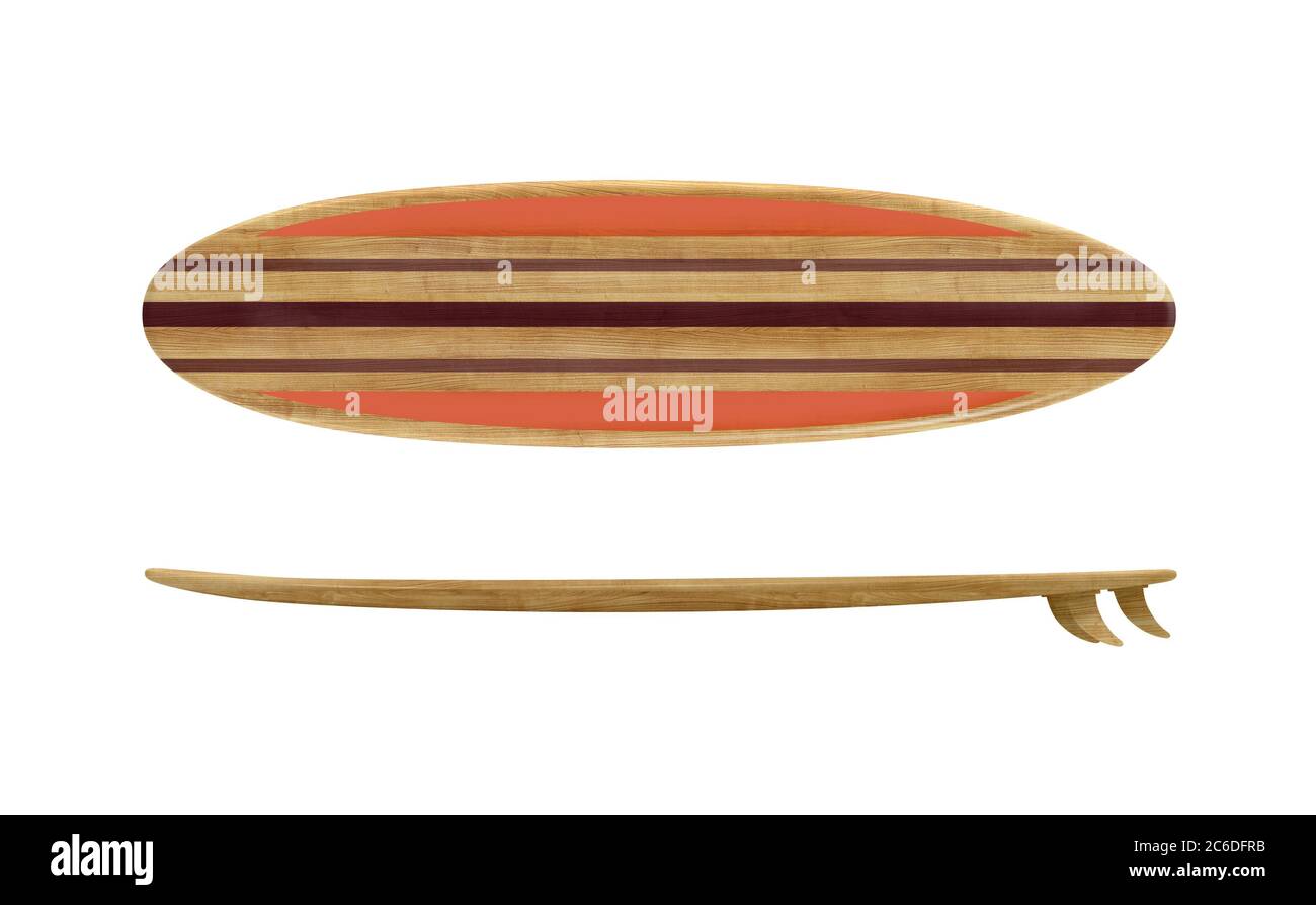 Tavola da surf in legno d'epoca isolata su sfondo bianco Foto Stock