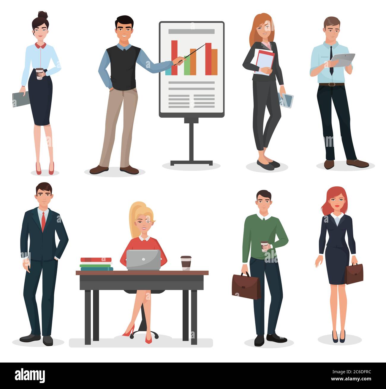 Personale aziendale in ufficio con gadget, documenti e set di valigie Illustrazione Vettoriale