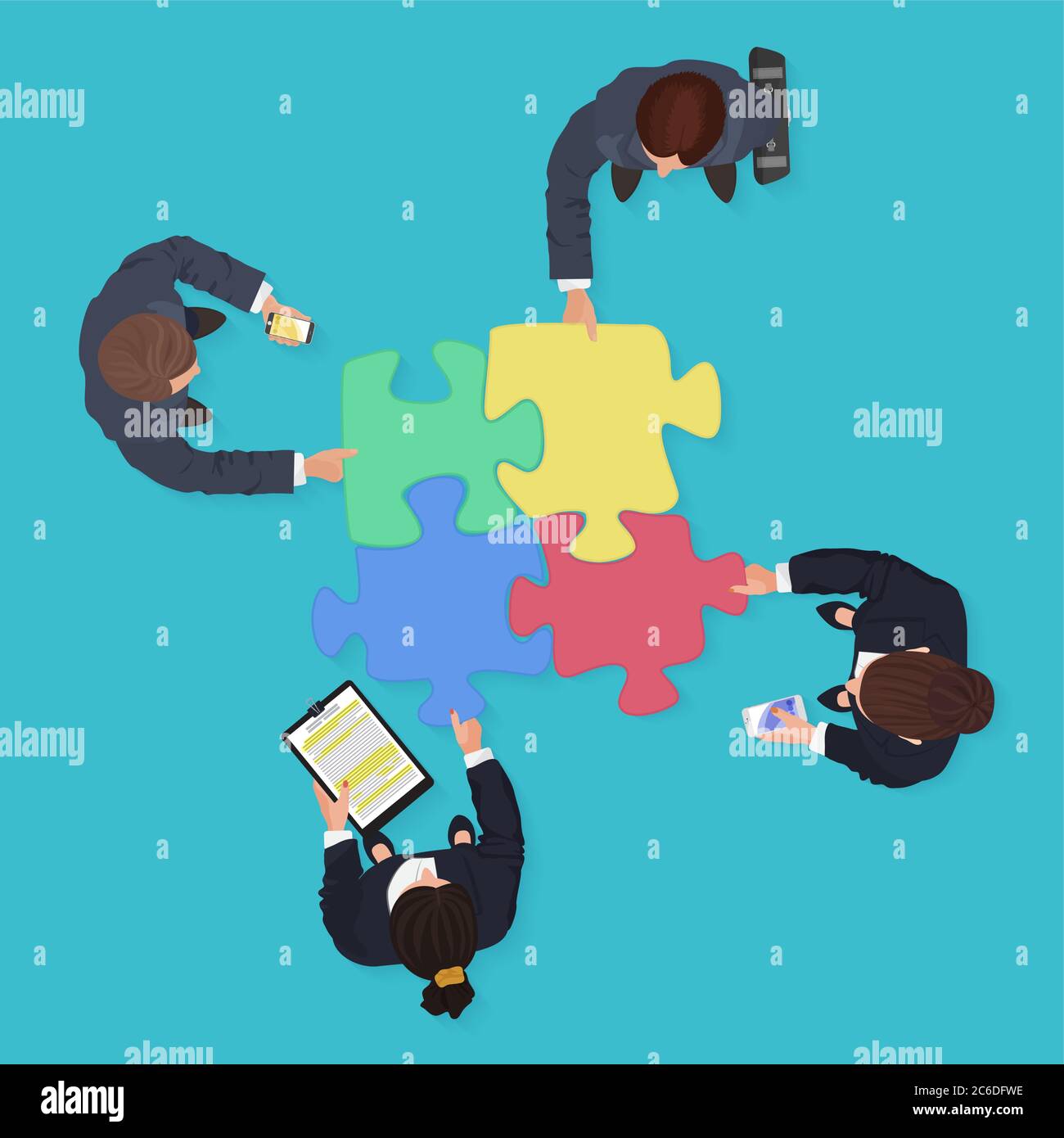 Gli uomini d'affari si sono alleati con gadget e dispositivi con pezzi di puzzle. Concetto di soluzione finanziaria Illustrazione Vettoriale Gli uomini d'affari si sono alleati con gadget e dispositivi con pezzi di puzzle. Concetto di soluzione finanziaria Illustrazione Vettoriale