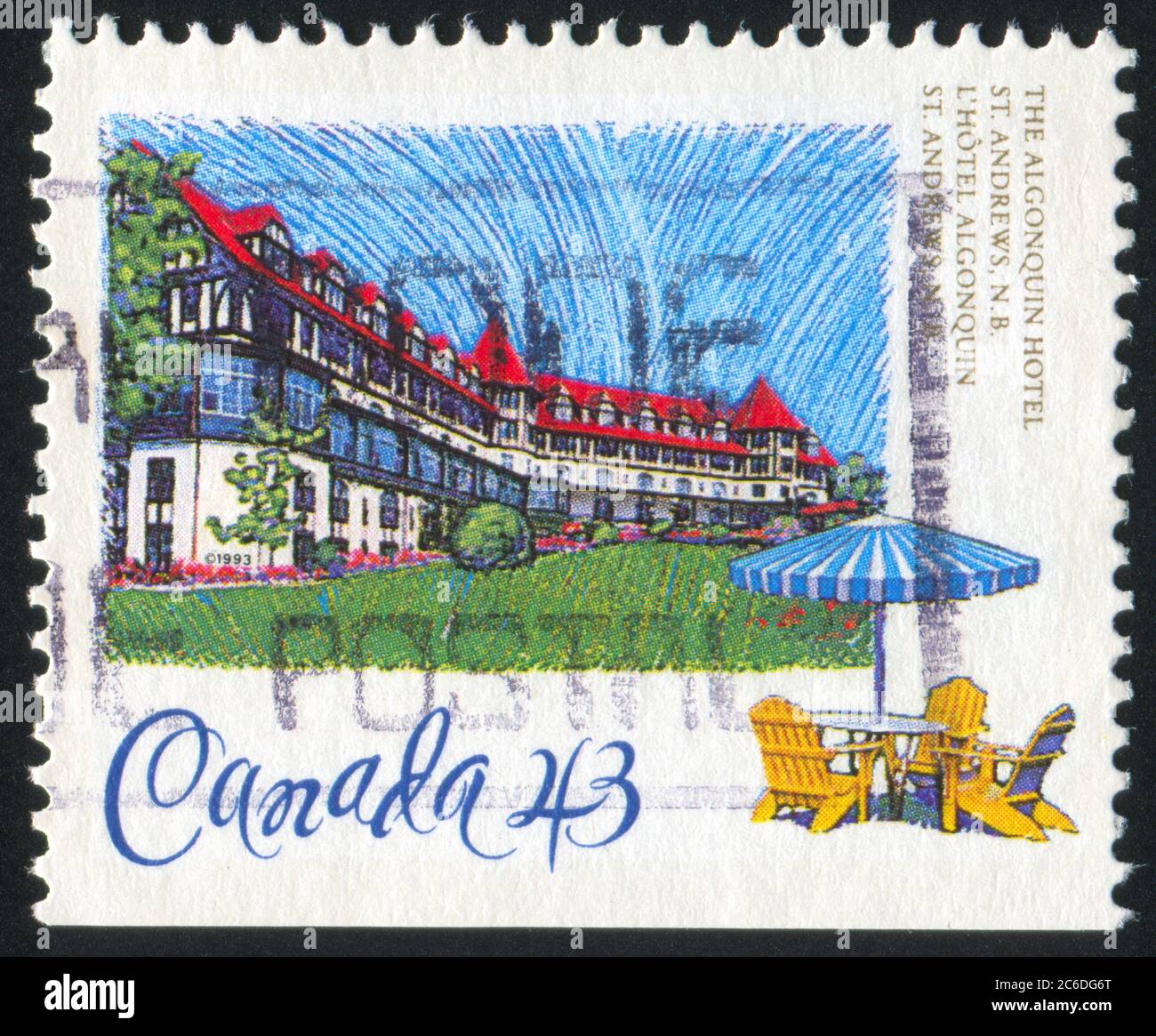 CANADA - CIRCA 1993: Francobollo stampato dal Canada, mostra Algonquin hotel, N.B., circa 1993 Foto Stock