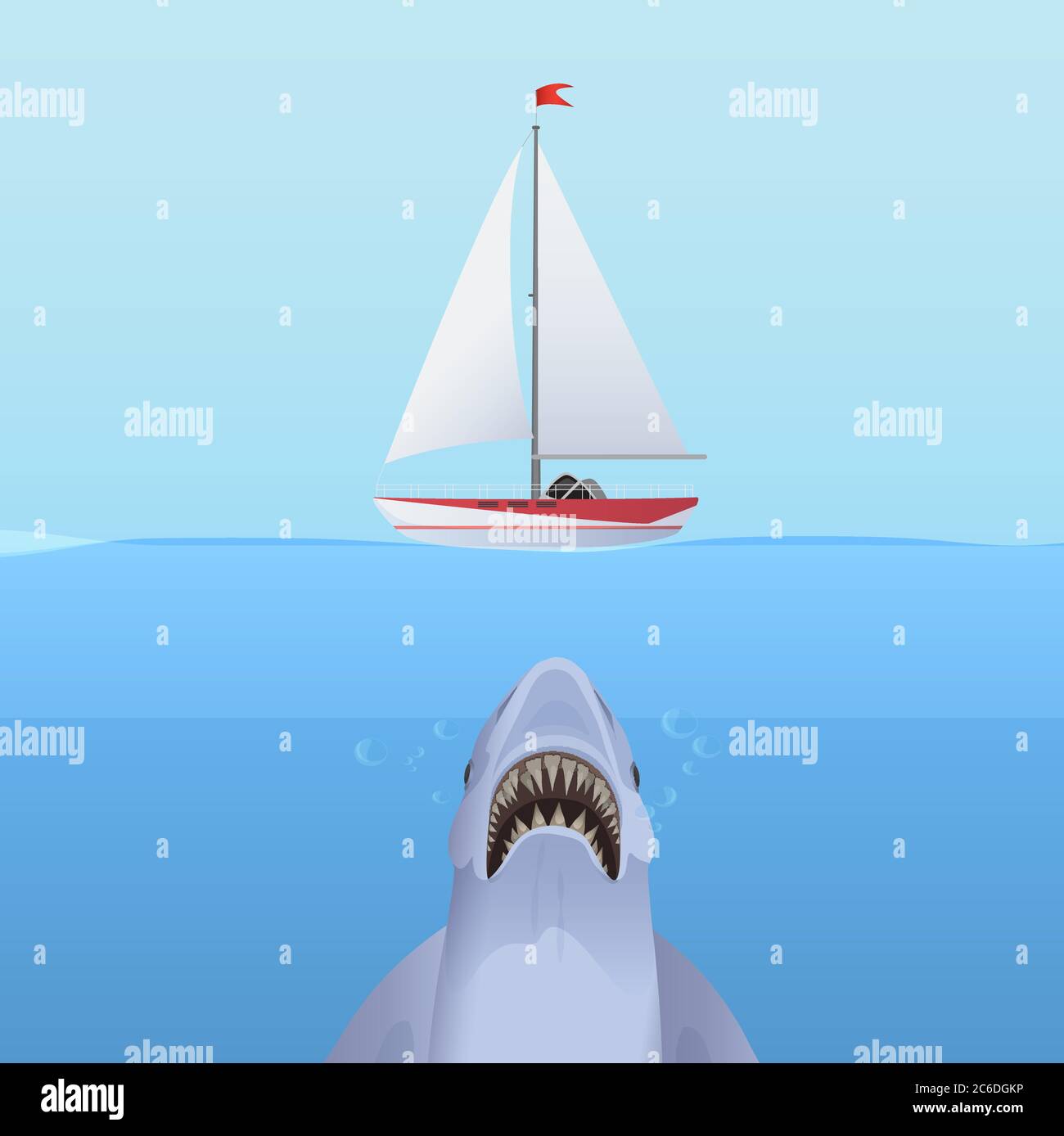 Hungry Shark attacco yacht nave dall'acqua dell'oceano Illustrazione Vettoriale