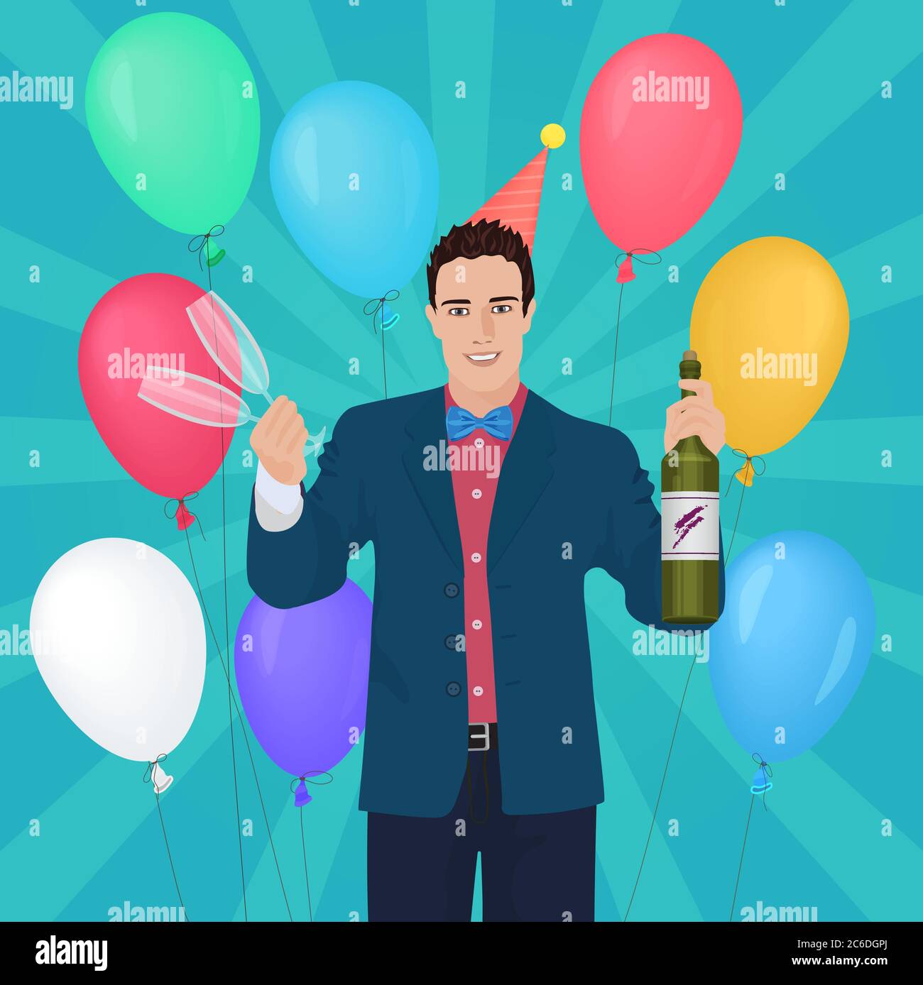 Sorridente bell'uomo che tiene in mano champagne e bicchieri con balloni. Concetto di compleanno Illustrazione Vettoriale