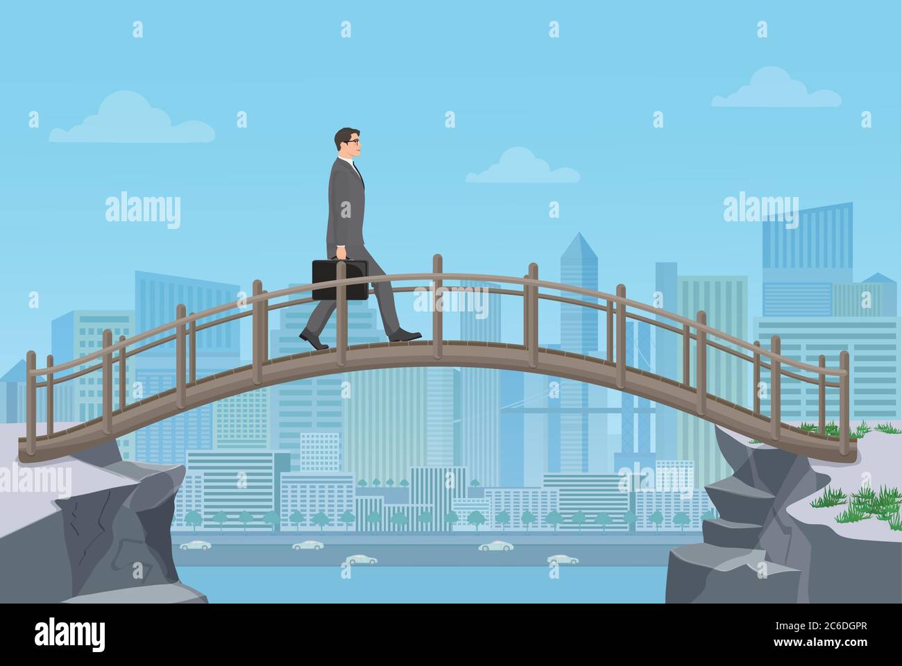 Uomo d'affari che va su un ponte da una scogliera di montagna sullo sfondo della città moderna Illustrazione Vettoriale Uomo d'affari che va su un ponte da una scogliera di montagna sullo sfondo della città moderna Illustrazione Vettoriale