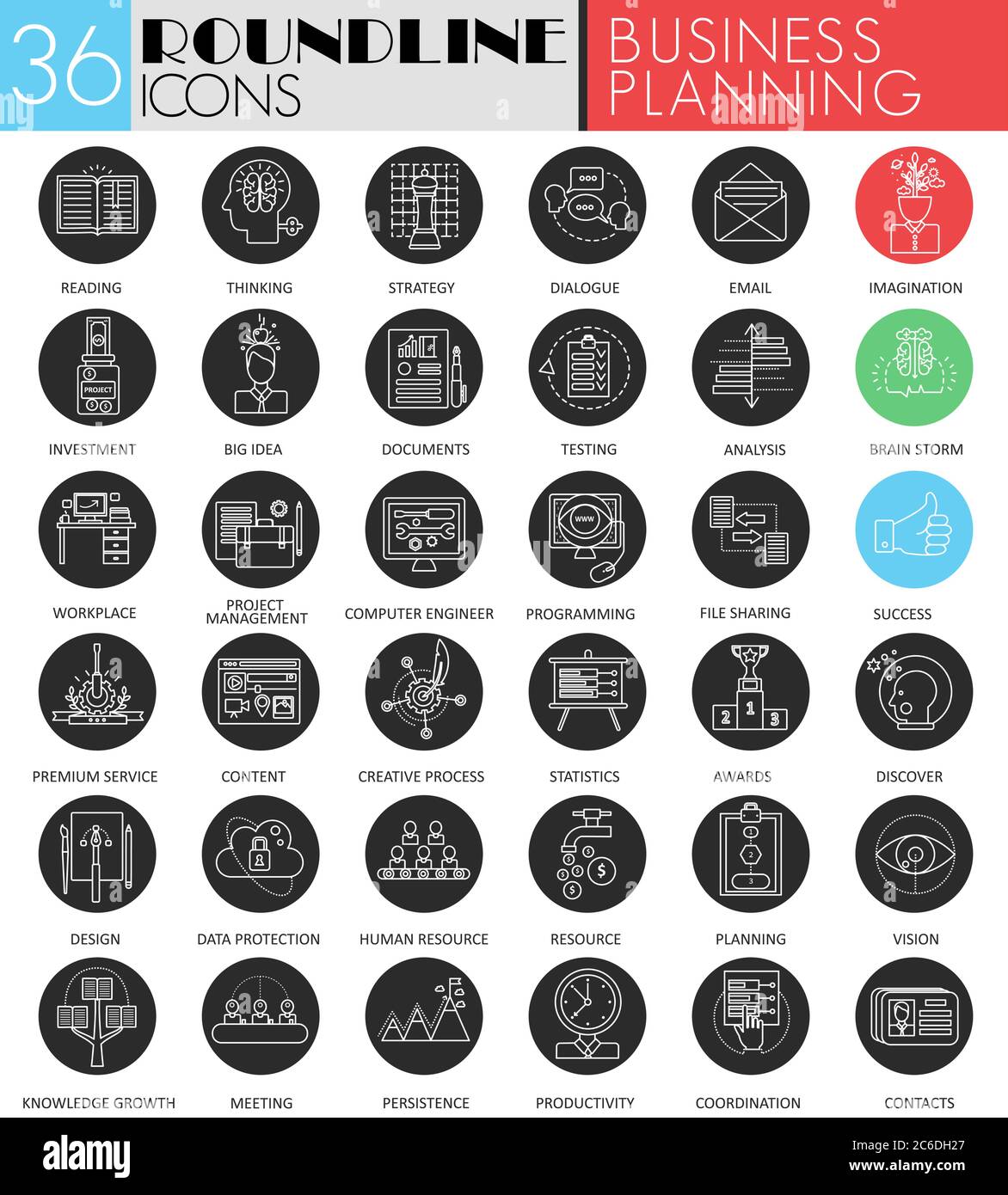 Insieme di icone nere bianche del cerchio di pianificazione del progetto aziendale vettoriale. Design moderno a icone nere per il web Illustrazione Vettoriale