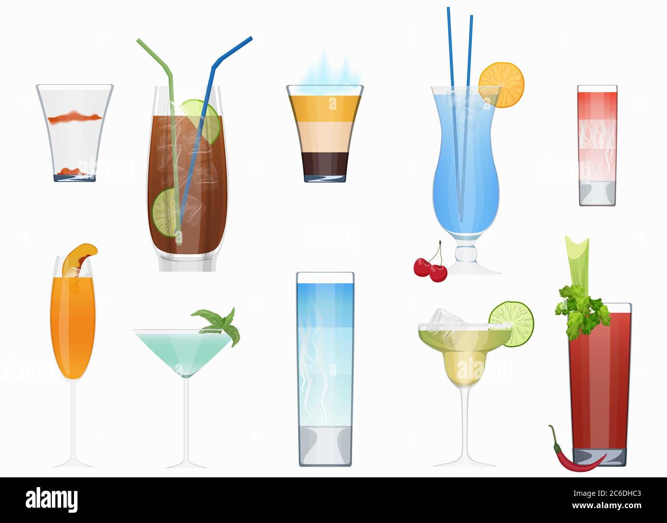 Cocktail alcolici e altre bevande fresche raccolte isolati. Set cocktail Illustrazione Vettoriale