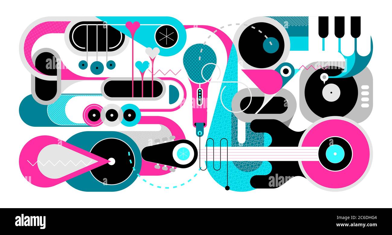 Strumenti musicali e illustrazione vettoriale di uccelli canori. Design artistico con chitarra, sassofoni, tasti del piano, trombe, microfono, gramofono e piccolo bionino Illustrazione Vettoriale