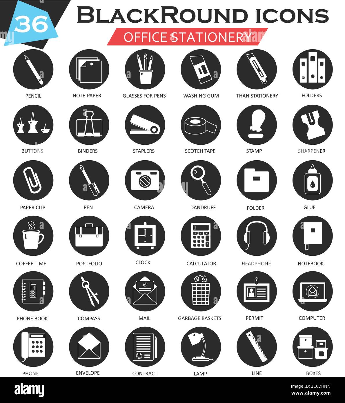 Set di icone Vector Office cancellery circolare bianco nero. Design ultramomoderno per icone per il web Illustrazione Vettoriale