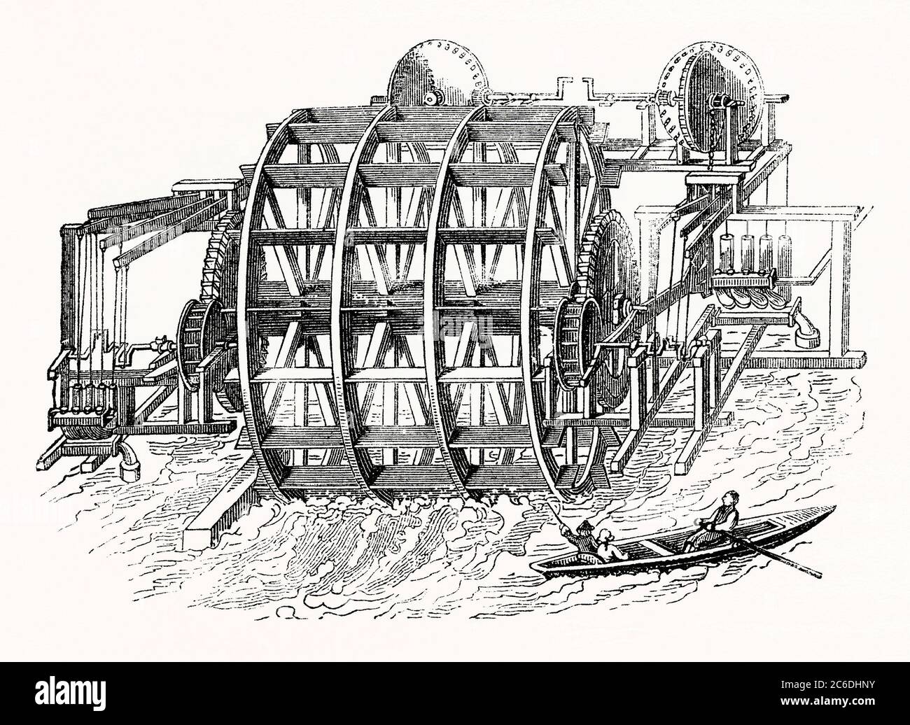 Una vecchia incisione del vecchio ponte di Londra Waterworks all'inizio del 1700. La ruota fu costruita da George Sorocold, c 1700. Era di 20 piedi di diametro e aveva 26 lame 14 piedi di lunghezza. Ha guidato otto pompe per mezzo di alberi a gomiti e travi oscillanti e potrebbe sollevare più di 2,500 tonnellate di acqua 120 piedi di altezza al giorno. La ruota dell'acqua potrebbe essere sollevata o abbassata quando il livello del Tamigi è cambiato quando gli assali sono stati montati su leve imperniate. Sul Ponte di Londra c'erano quattro ruote d'acqua che fornivano acqua alla città. Foto Stock