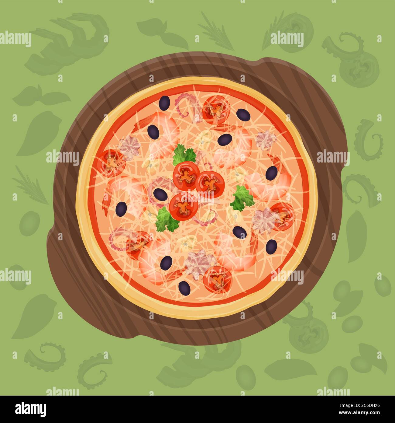 Pizza sul tagliere. Illustrazione del concetto di menu pizza Illustrazione Vettoriale