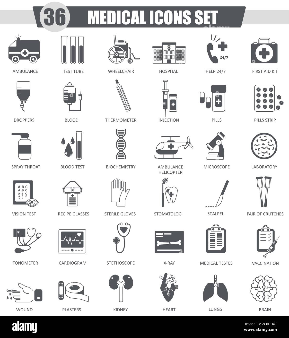 Set di icone nere Vector Medical. Design classico grigio scuro per il web Illustrazione Vettoriale