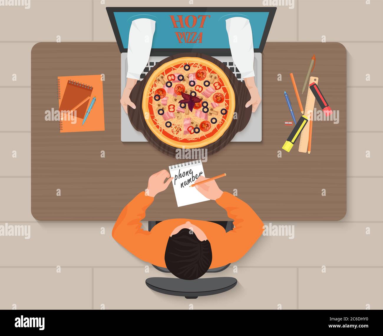 Illustrazione del concetto di ordine di pizza online. Consegna mani uomo con pizza dal computer portatile Illustrazione Vettoriale