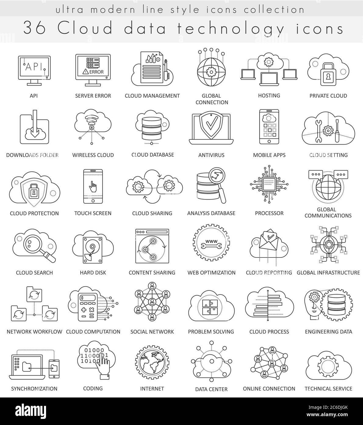 Tecnologia dati Vector Cloud icone di linee di contorno ultramoderne per il Web e le applicazioni Illustrazione Vettoriale