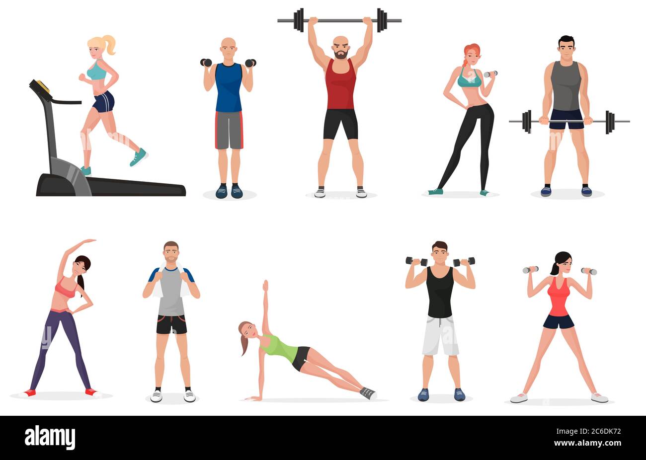 Palestra sportiva con manubri, barelle e attrezzi per il fitness. Fitness uomo e donna Illustrazione Vettoriale