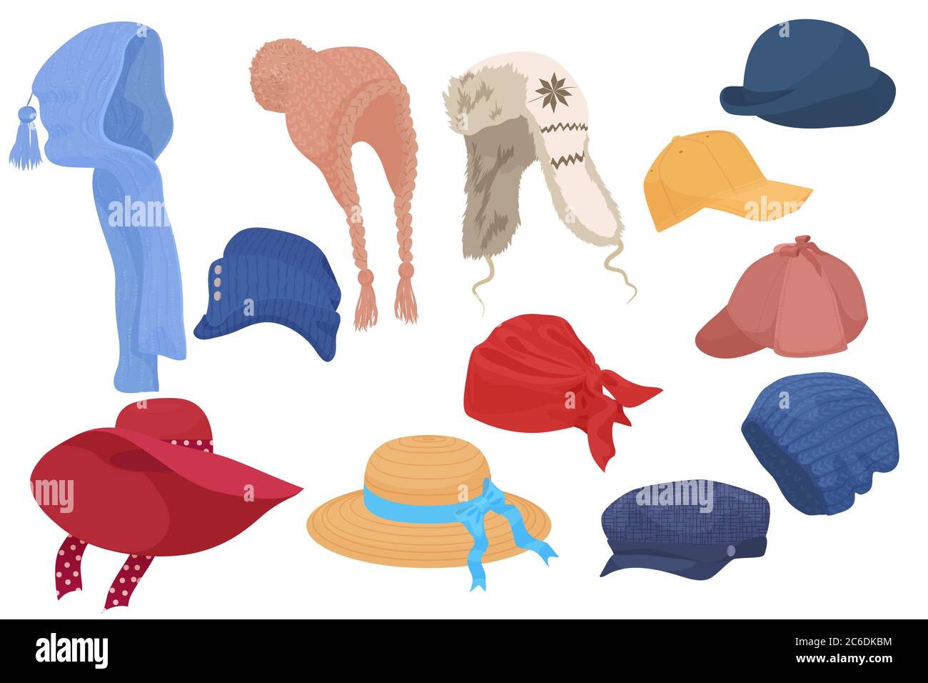 Diversi tipi di cappelli cartoon set raccolta isolata. Illustrazione Vettoriale