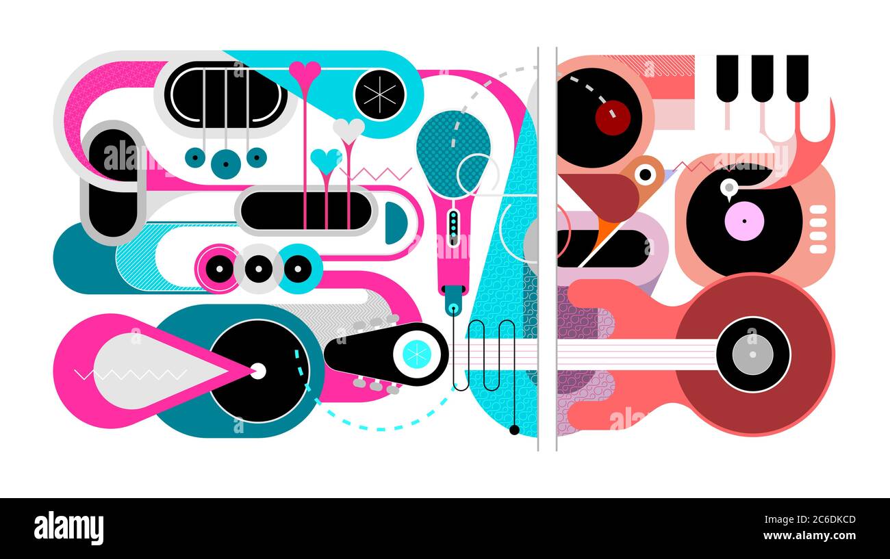 Sottofondo musicale astratto. Disegno piatto di vari strumenti musicali e di uccelli canori, illustrazione vettoriale. Chitarra acustica, sassofoni, tasti piano, Illustrazione Vettoriale