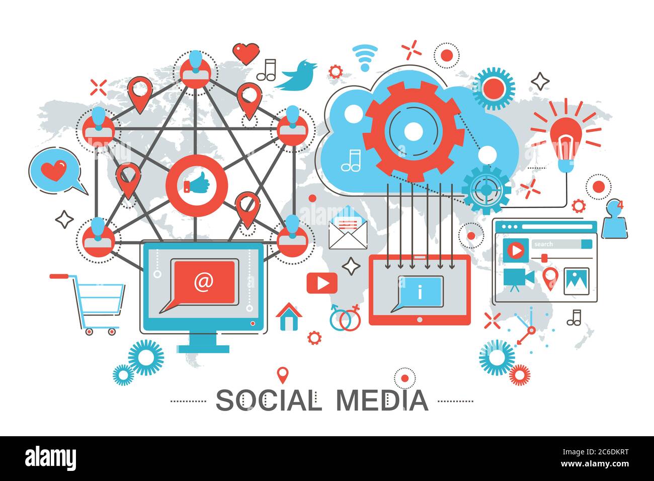 Illustrazione del vettore Social Network e Social Media. Design grafico moderno concetto di infografica a linea piatta per banner promo e web Illustrazione Vettoriale