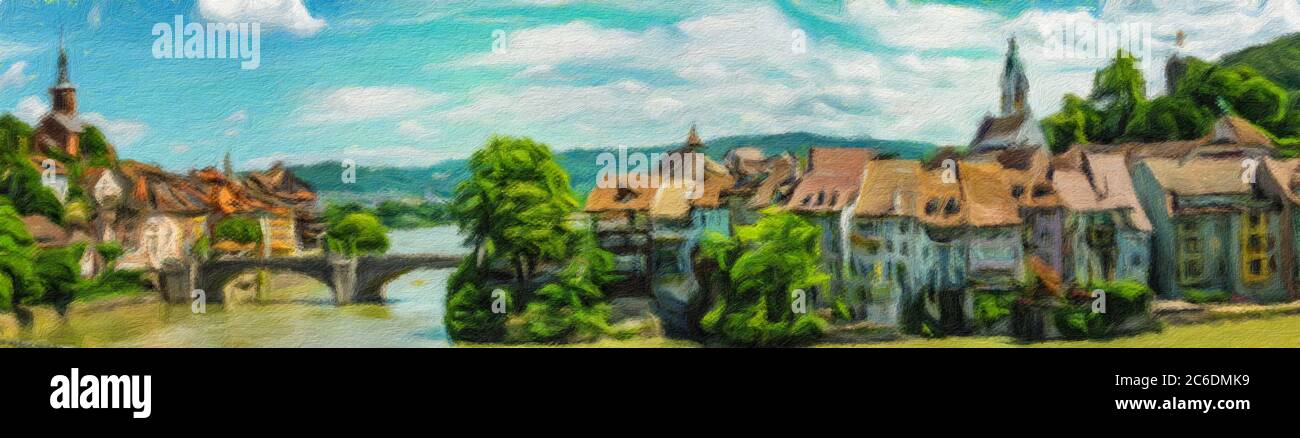 Un dipinto digitale a olio panoramico della pittoresca città di confine di Laufenburg in Svizzera Foto Stock