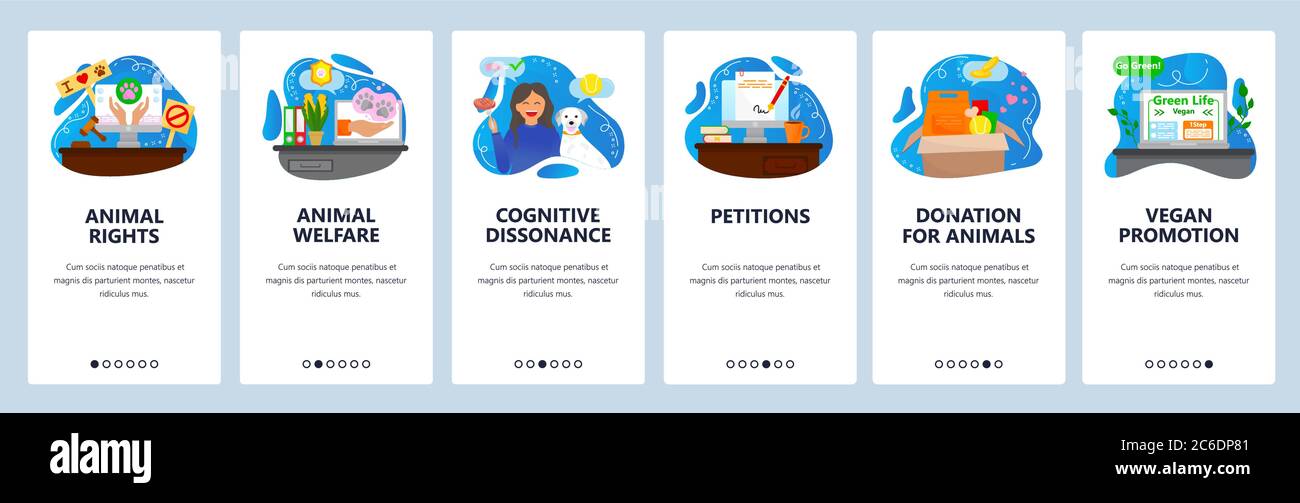 Azioni per aiutare gli animali. Schermate di onboarding delle app mobili, modello di banner per siti Web vettoriali Illustrazione Vettoriale