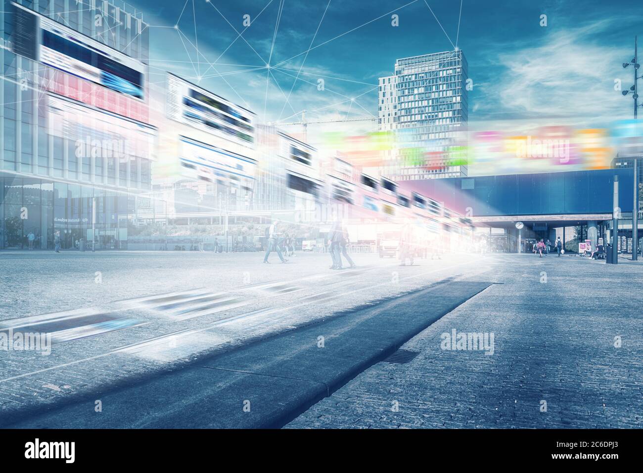 IOT, concetto di rete di comunicazione. Città intelligente. 5G, città, intelligenza artificiale, Zuidas amsterdam, internet delle cose, dati mobili, area commerciale, C. Foto Stock