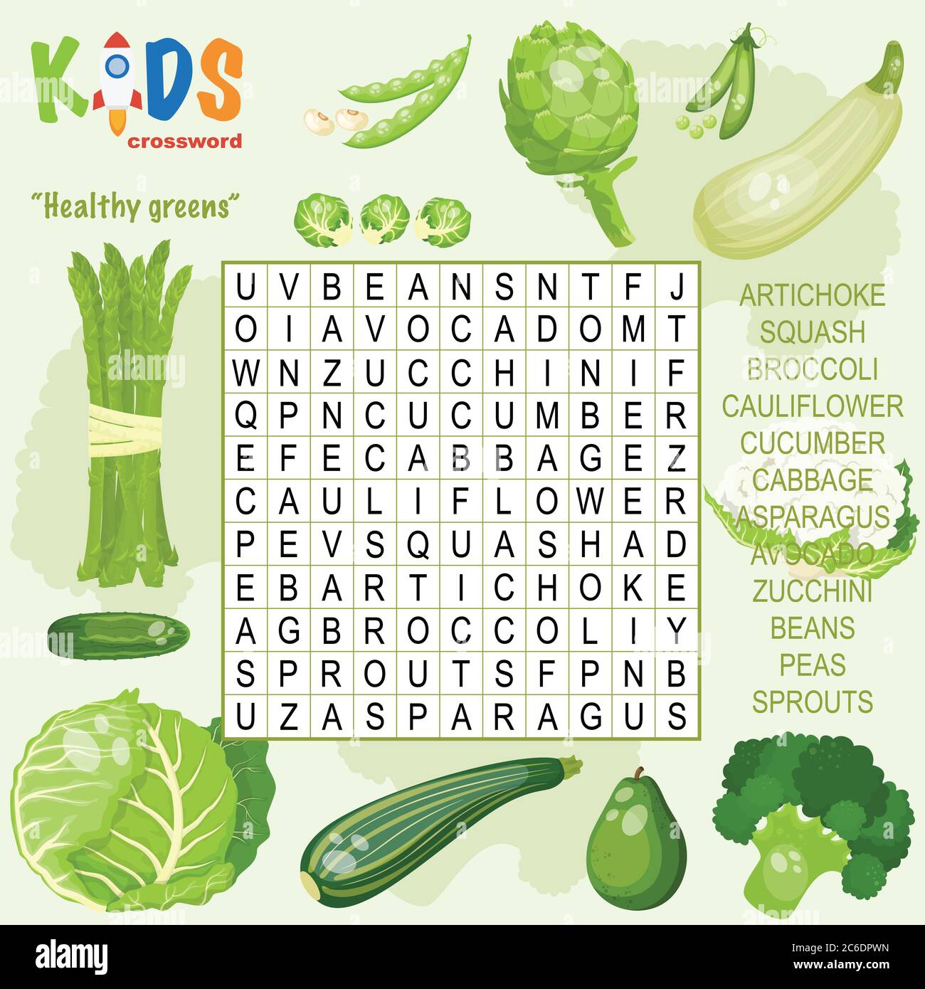 Facile ricerca parola crossword puzzle 'sani verdi', per i bambini nelle scuole elementari e medie. Modo divertente di pratica comprensione del linguaggio e. Illustrazione Vettoriale