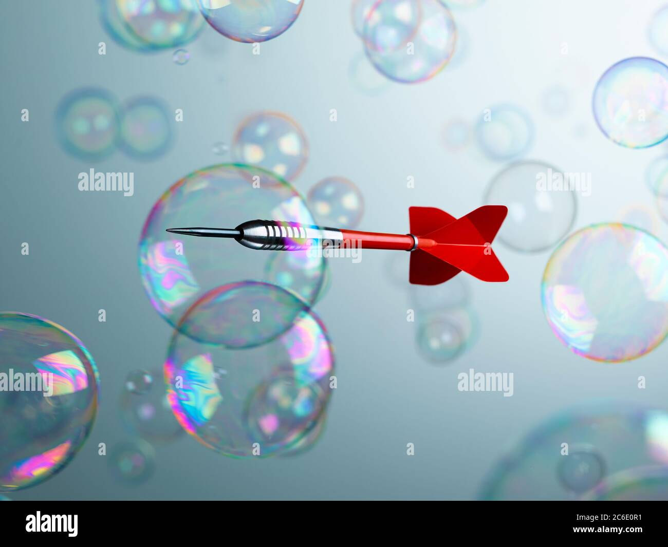 Freccia che perfora la bolla traslucida su sfondo blu Foto Stock