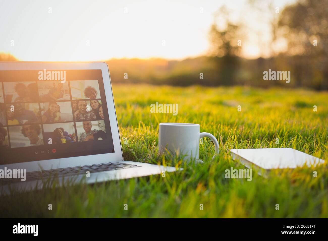 Video chat sullo schermo del computer portatile accanto al caffè e libro in erba soleggiato Foto Stock