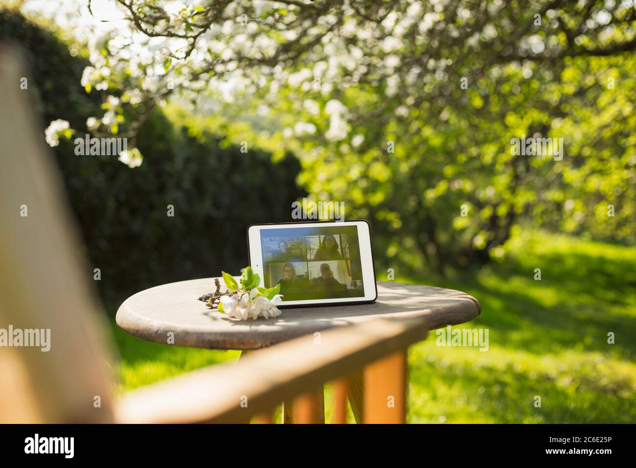 Chat video degli amici sullo schermo del tablet digitale in un giardino soleggiato Foto Stock