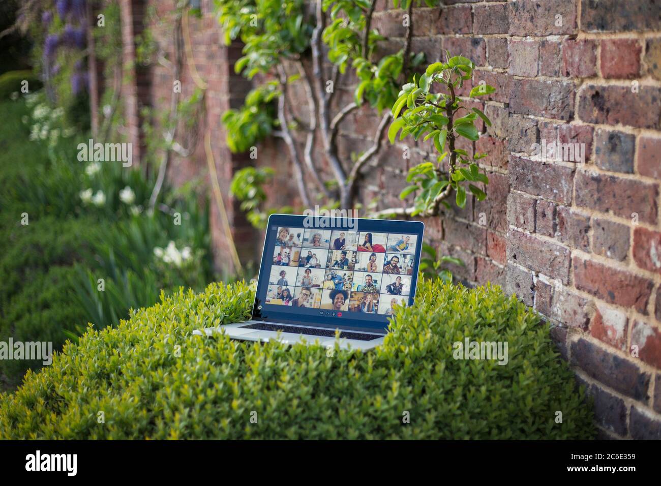 Chat video degli amici sullo schermo del computer portatile in giardino Foto Stock