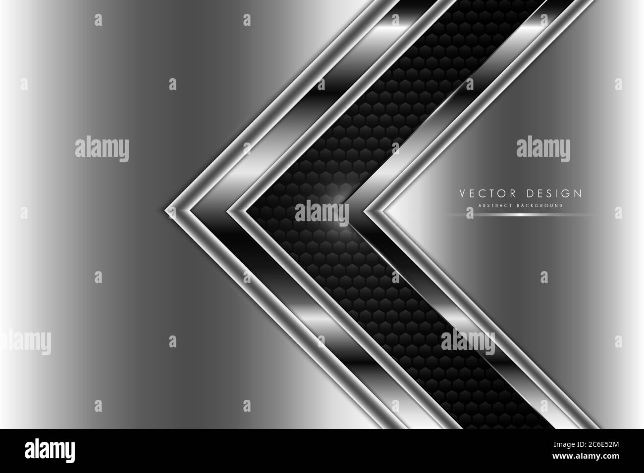 Sfondo metallico grigio e argento con fibra di carbonio. Concetto di tecnologia del metallo a forma di freccia. Illustrazione Vettoriale