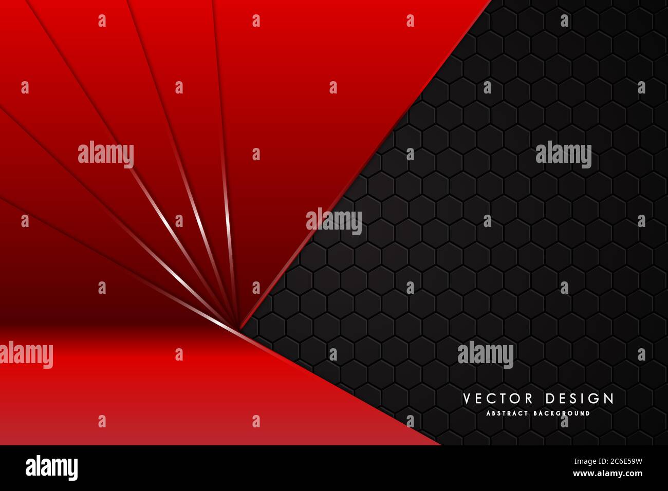 Sfondo metallico.Rosso con spazio nero in fibra di carbonio. Concetto di tecnologia del metallo a forma di poligono. Illustrazione Vettoriale