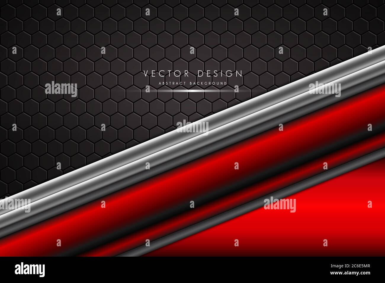 Sfondo metallico. Rosso e argento con fibra di carbonio. Concetto di tecnologia del metallo a forma di poligono. Illustrazione Vettoriale