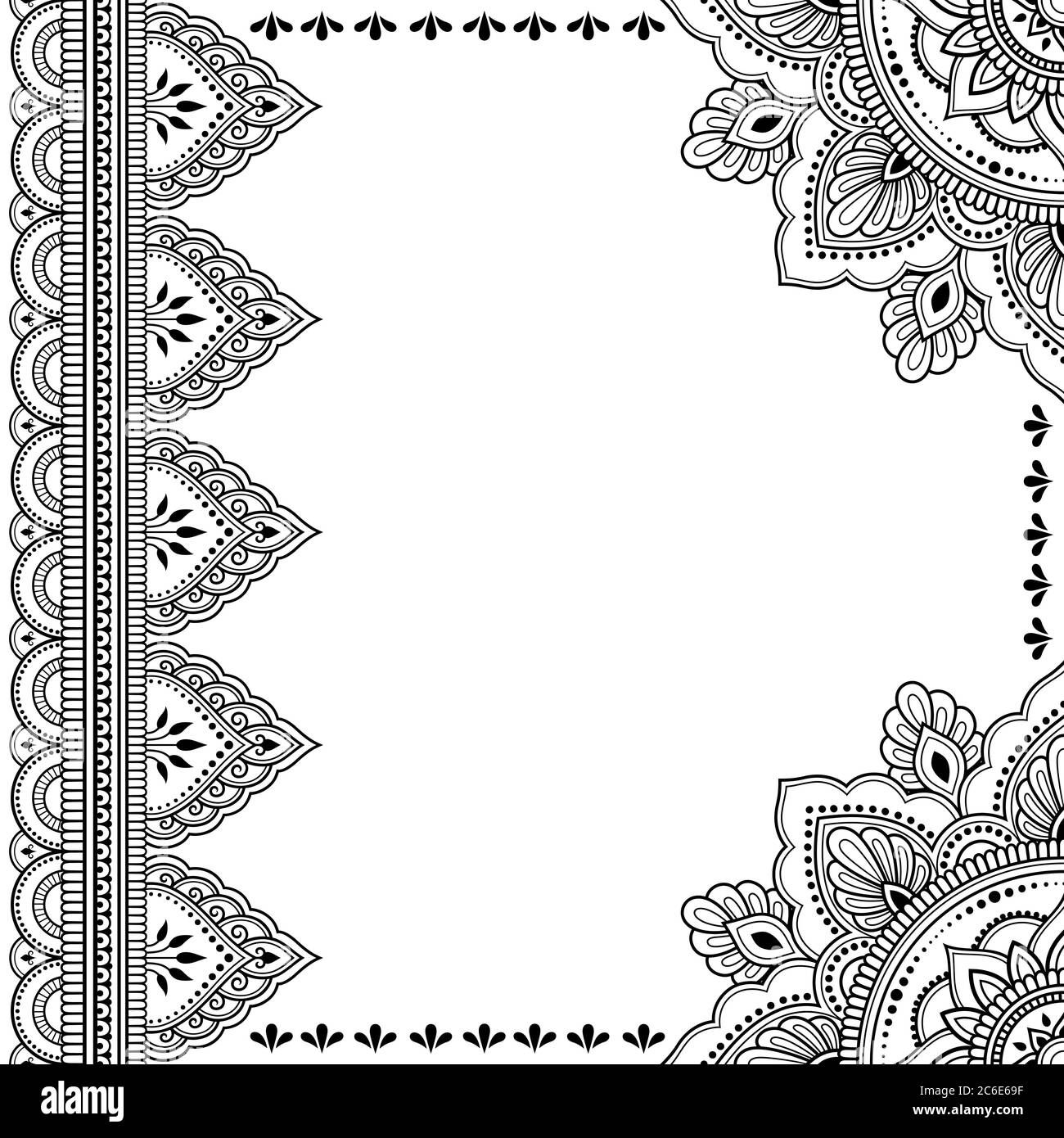 Stilizzato con motivo decorativo tatuaggi henné per decorare copertine per libro, taccuino, scrigno, rivista, cartolina e piegatrice. Mandala e confine in Illustrazione Vettoriale