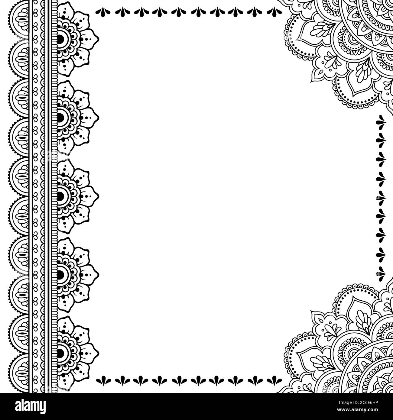 Stilizzato con motivo decorativo tatuaggi henné per decorare copertine per libro, taccuino, scrigno, rivista, cartolina e piegatrice. Mandala e confine in Illustrazione Vettoriale