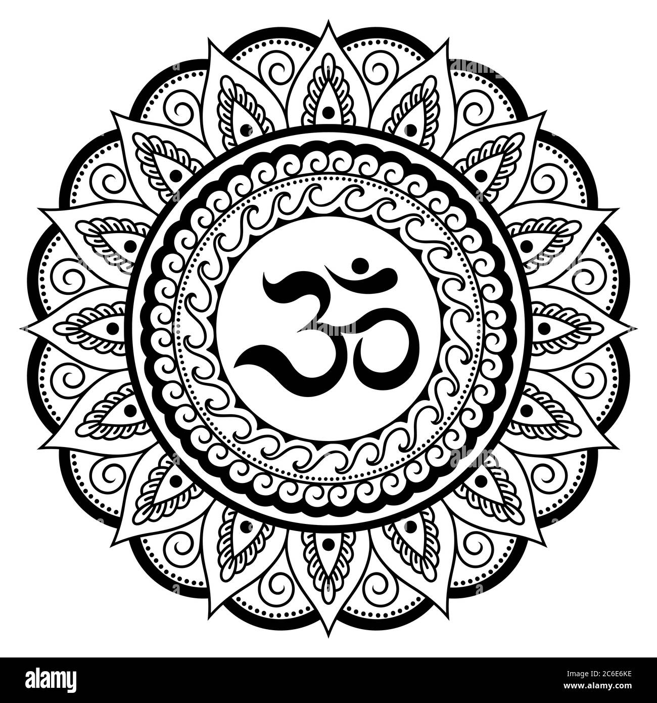 Disegno circolare in forma di mandala per Henna, Mehndi, tatuaggio, decorazione. Ornamento decorativo in stile orientale con antico mantra indù OM. Illustrazione Vettoriale