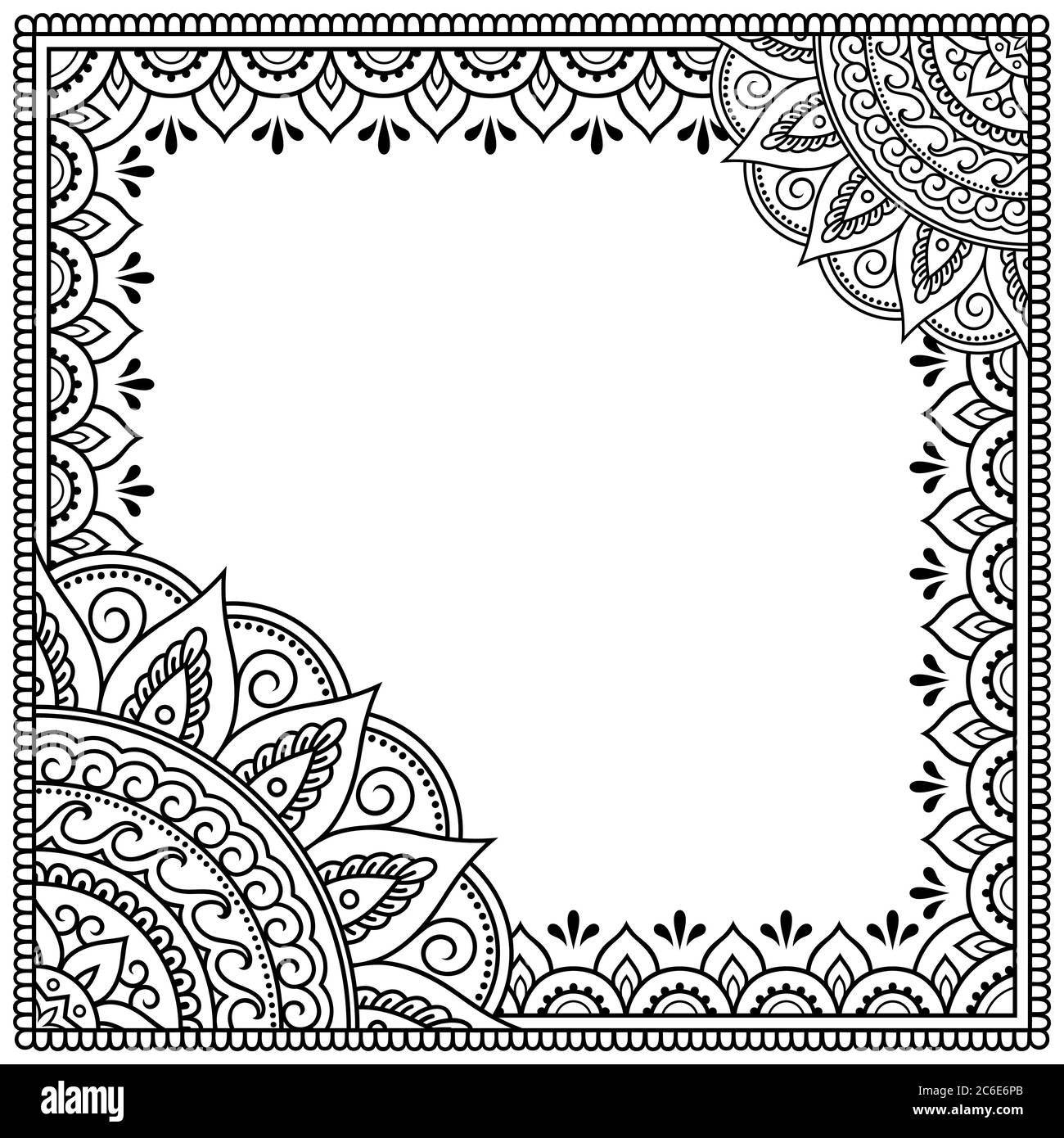 Stilizzato con motivo decorativo tatuaggi henné per decorare copertine per libro, taccuino, scrigno, rivista, cartolina e piegatrice. Mandala e confine in Illustrazione Vettoriale