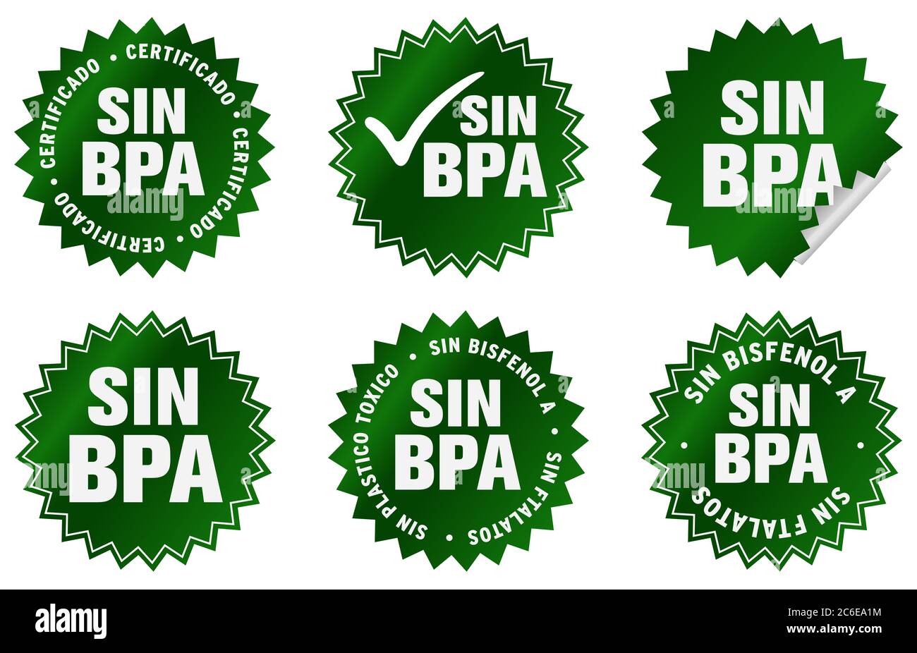 Etichetta o adesivo senza BPA, in lingua spagnola. (Senza bisfenola, senza ftalati e plastica atossica). Foto Stock