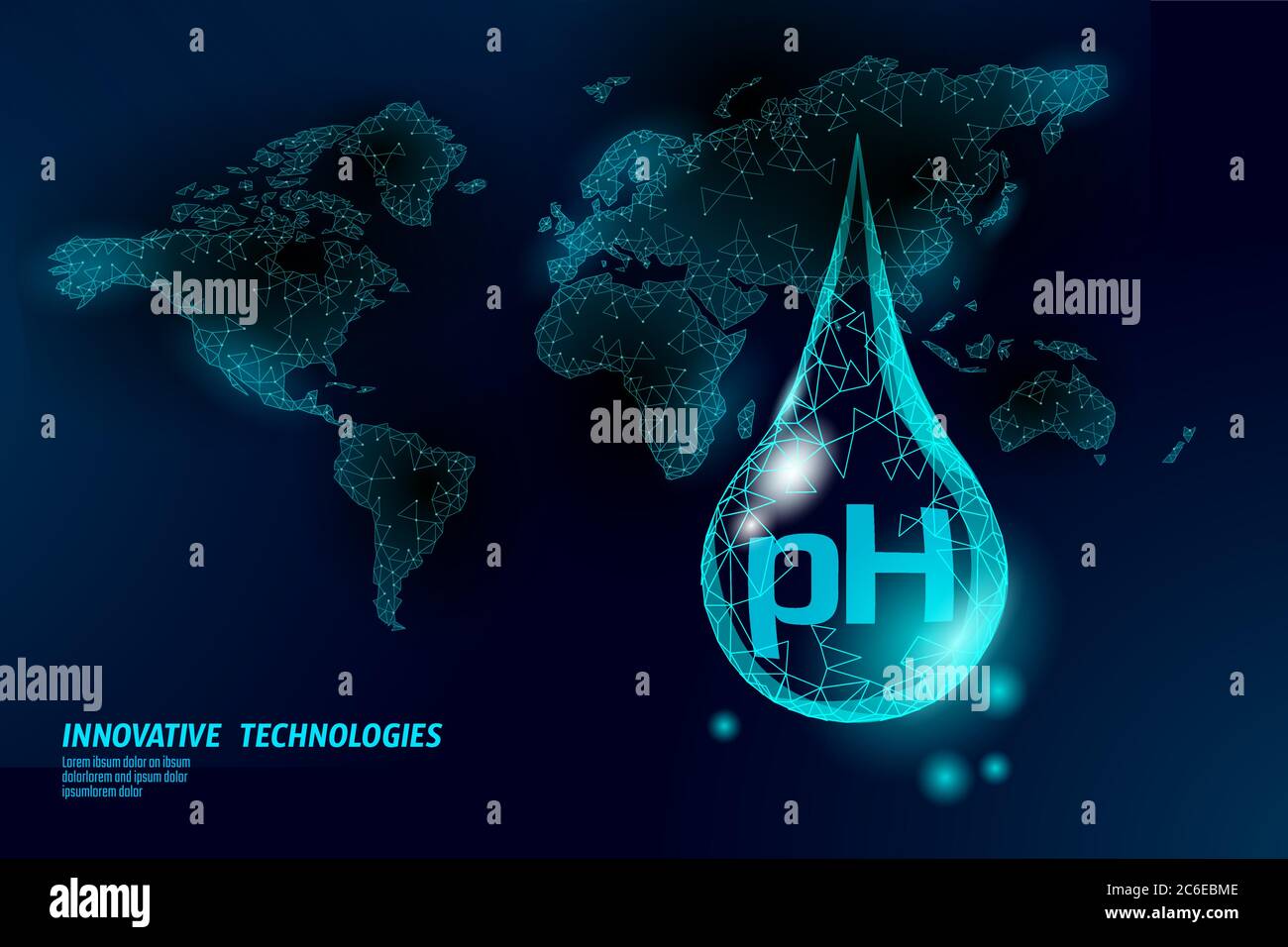 Analisi di laboratorio di pH dell'acqua tecnologia chimica scientifica. Mappa mondiale analisi dei dati di laboratorio per problemi ecologici globali. Vettore di concetto di soluzione medica sanitaria Illustrazione Vettoriale