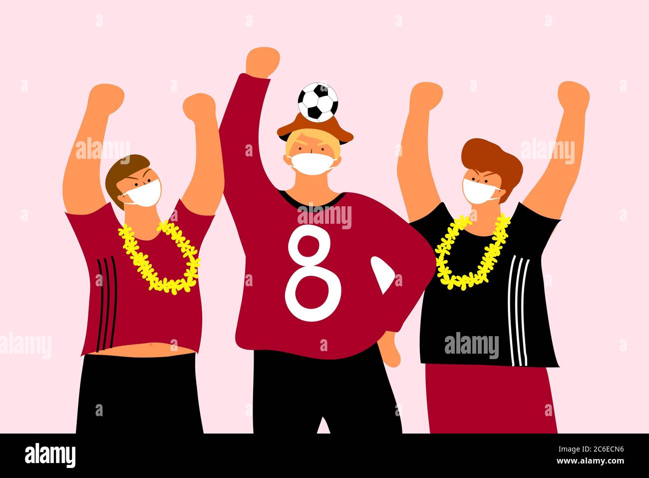 3 tifosi di calcio che indossano maschere e che si acclamano per la squadra. Misure di sicurezza. (Covid-19 - coronavirus) Illustrazione Vettoriale