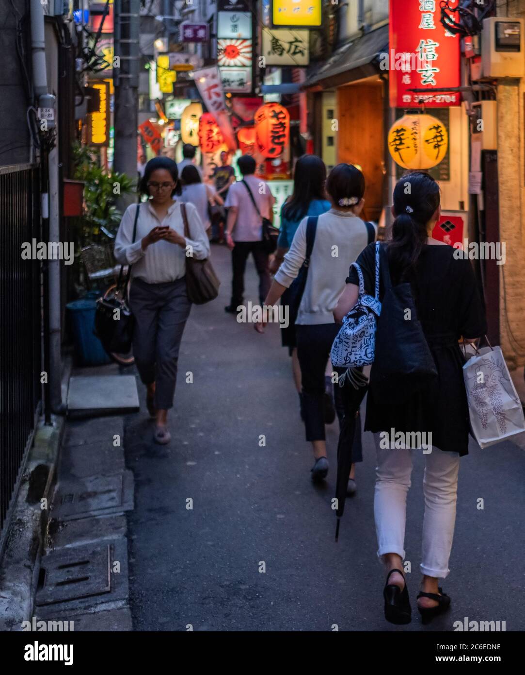 La gente cammina nella strada dietro il vicolo di Shimbashi, una popolare destinazione dopo l'orario di ufficio per i lavoratori di ufficio a Tokyo, Giappone di notte. Foto Stock