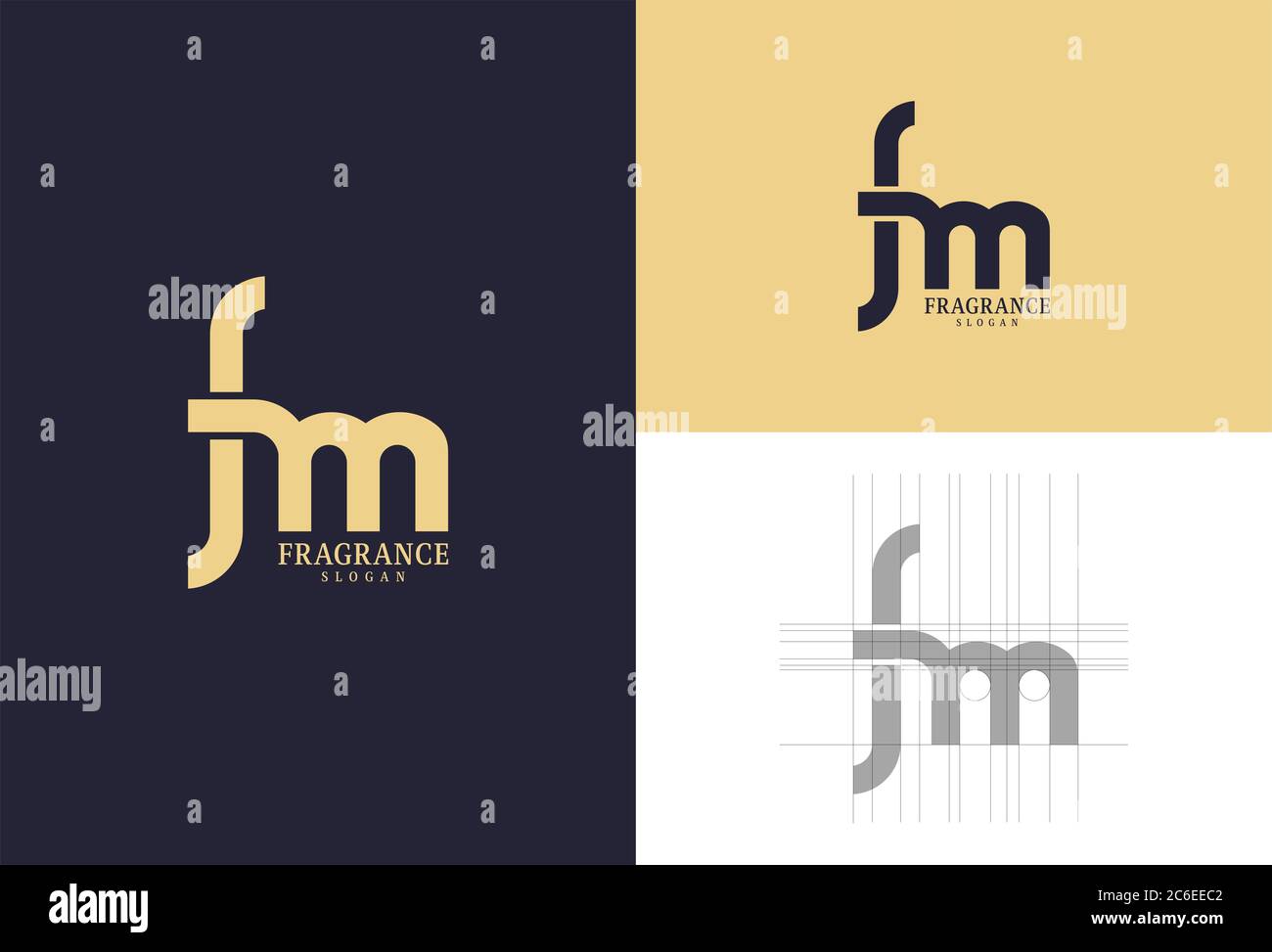 Profumo Logo Design.Luxury Design.Letter f e Letter m sono used.Fragrance.Clean e Simple.Business.Gold e colori viola sono used.Grid sistema. Foto Stock