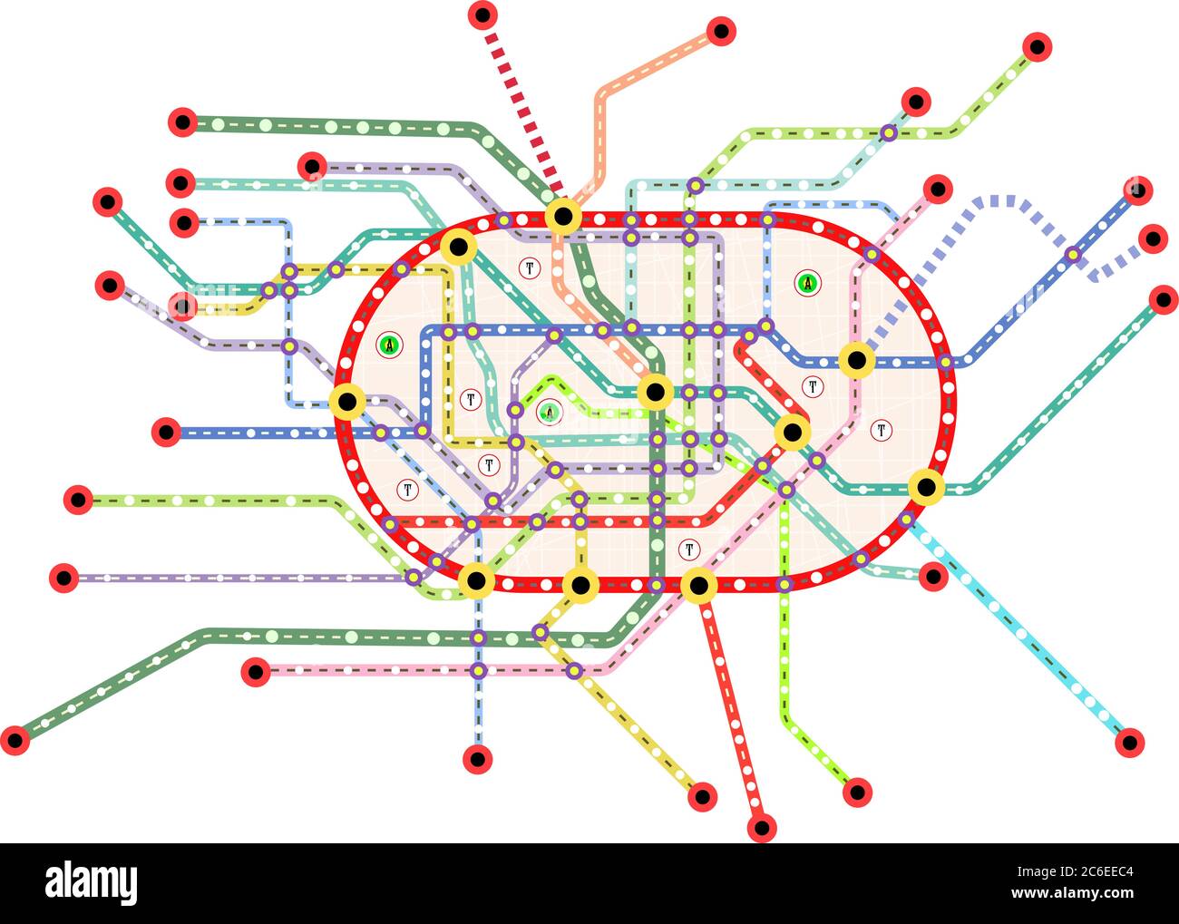 Mappa dei trasporti pubblici di una grande città, arte vettoriale immaginaria, isolato su sfondo bianco, spazio libero per la copia Illustrazione Vettoriale