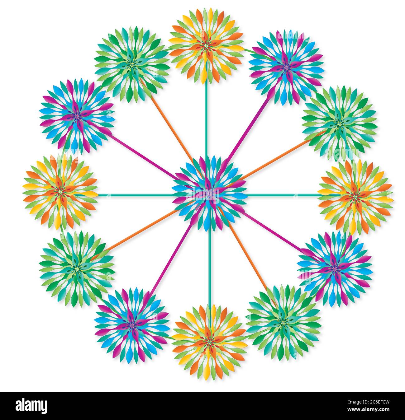 Divertenti illustrazioni grafiche colorate di motivi simili a quelli di un filatore in diversi schemi di colori. Isolato su sfondi bianchi. Foto Stock