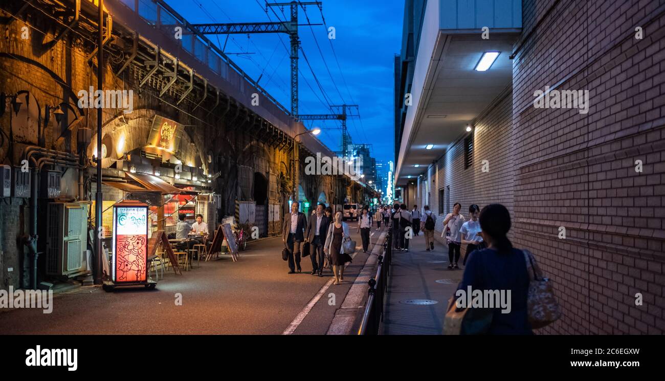 Pedoni che camminano lungo una stretta corsia posteriore accanto a una linea ferroviaria sopraelevata a Yurakucho, Tokyo, Giappone al tramonto. Foto Stock