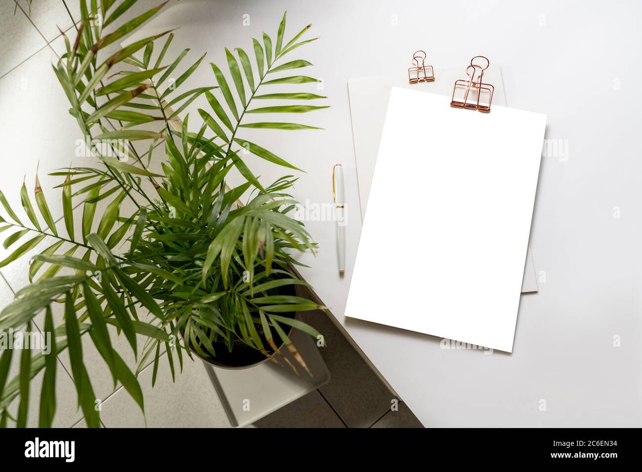 Set di cancelleria per identità aziendale vuoto, modello di mockup personalizzato. Fogli di carta, penne stilografiche e forniture per ufficio, decorati con un soggiorno Foto Stock