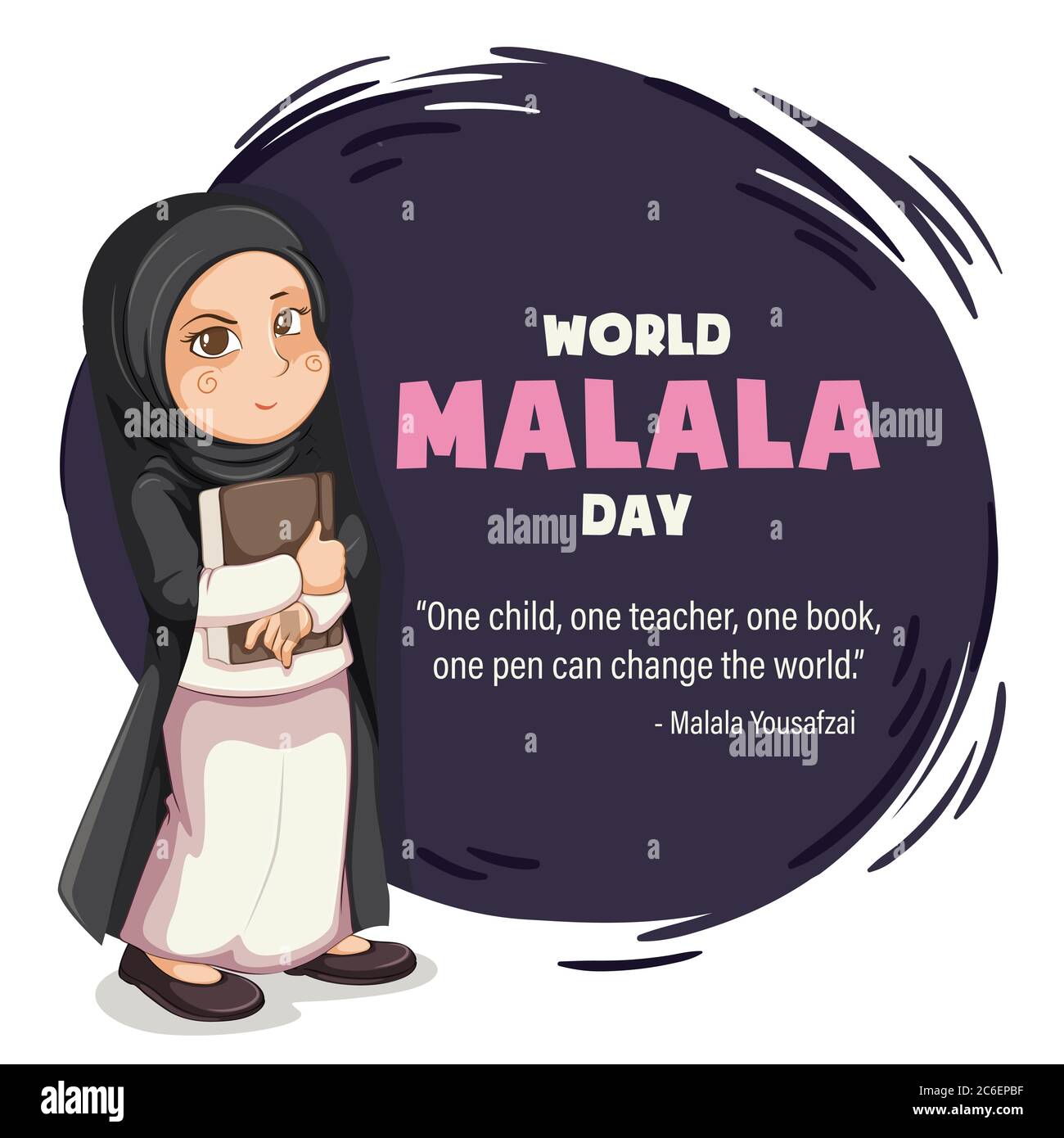 Giornata mondiale Malala, 12 luglio, citazione Malala Yousafzai, educazione femminile, poster, illustrazione vettore Illustrazione Vettoriale
