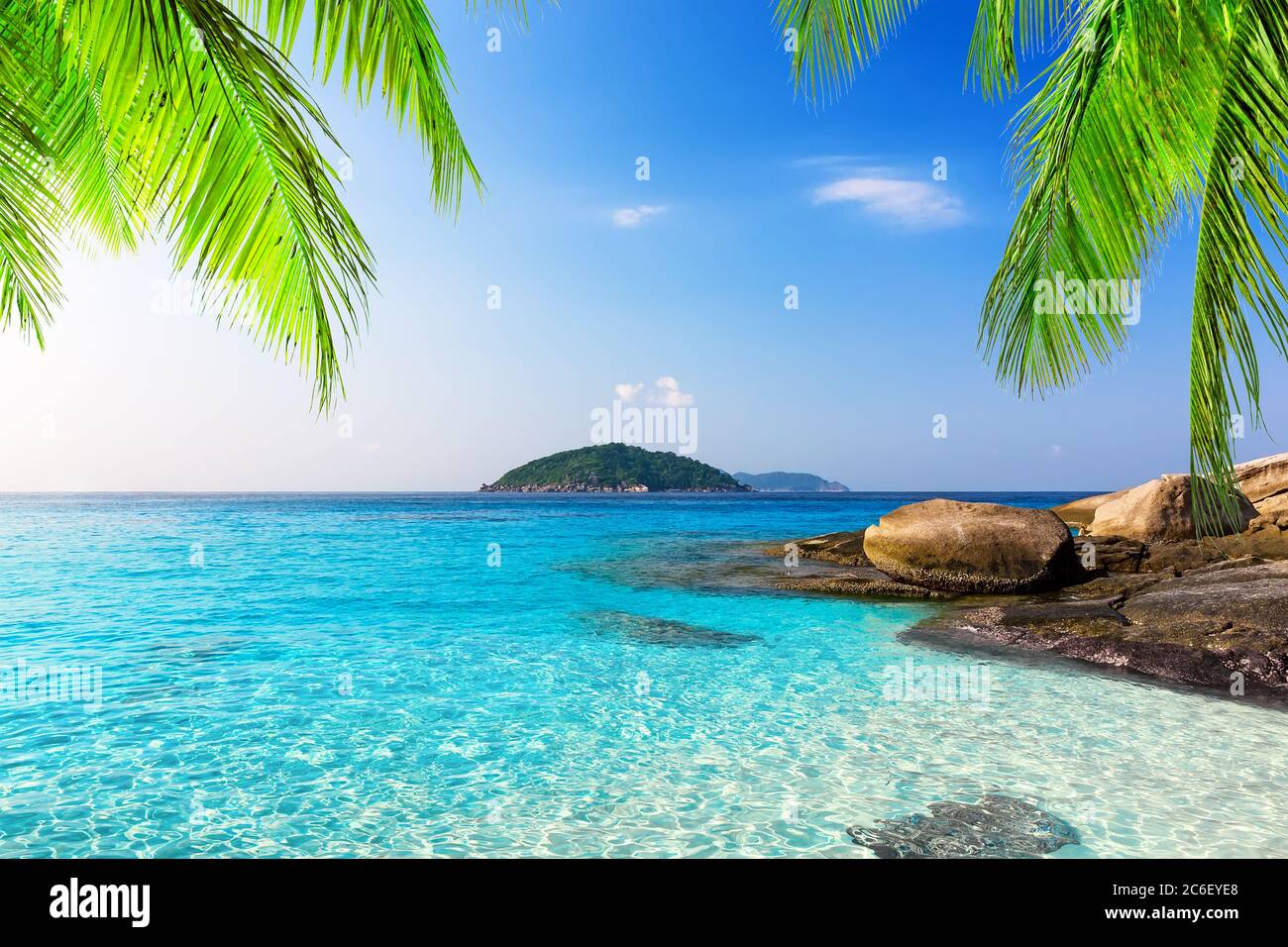 Onda di mare sulla spiaggia di sabbia nell'isola di Similan, Thailandia. Vacanza estate sfondo. Incredibile spiaggia dell'isola di Similan con acque turchesi. Foto Stock